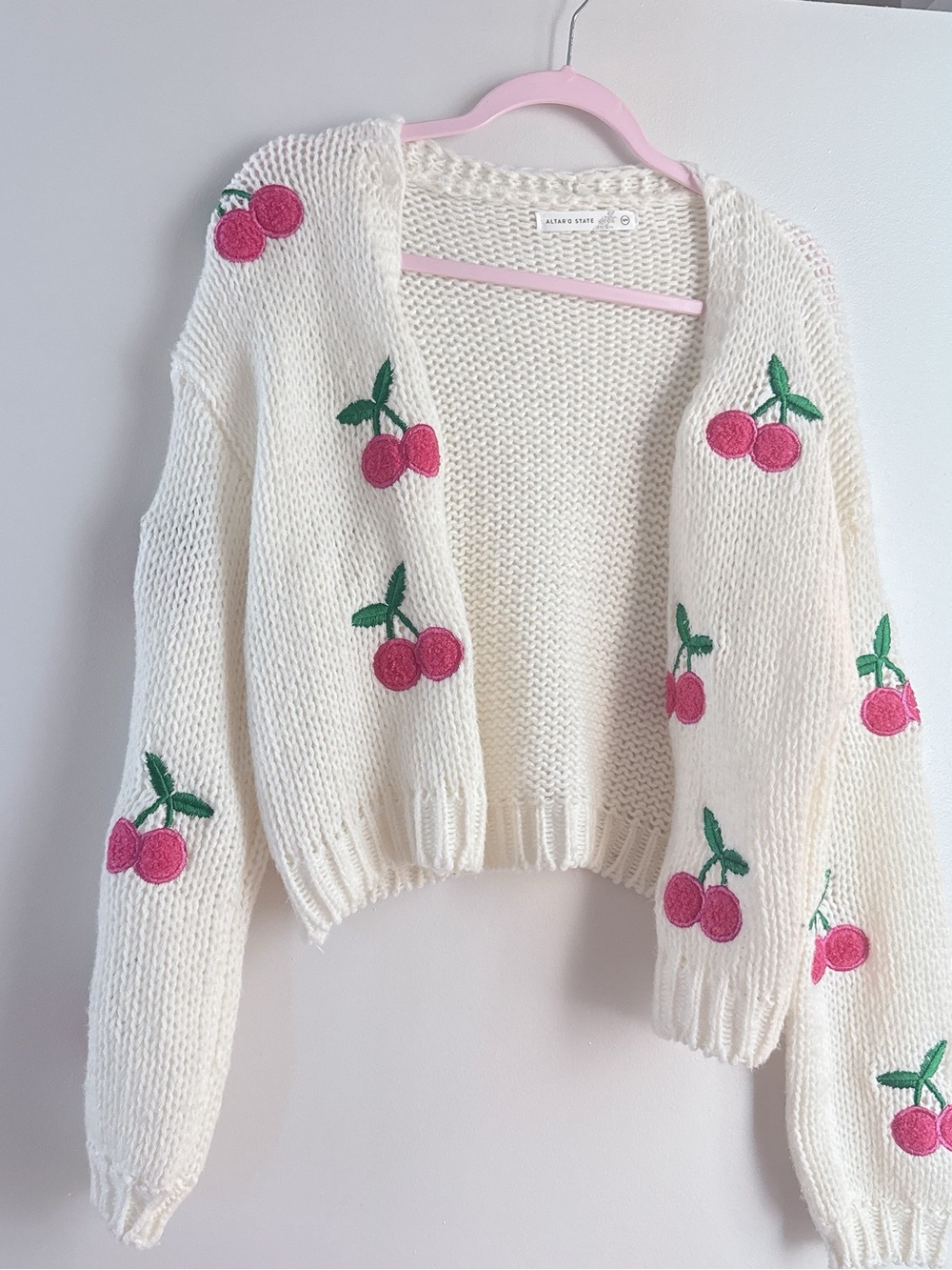 Altar’d State White Cherry Appliqué Cardigan Sweater